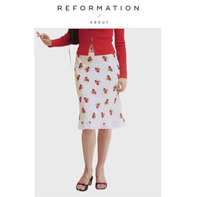 【现货】About Reformation波点红花桑蚕丝半身裙休闲法式复古女