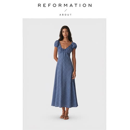 【现货】About Reformation经典款！高腰长裙春v领蓝色短袖连衣裙