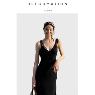 【现货】About Reformation朦胧雅致温柔纯色V领低胸斜裁连衣裙