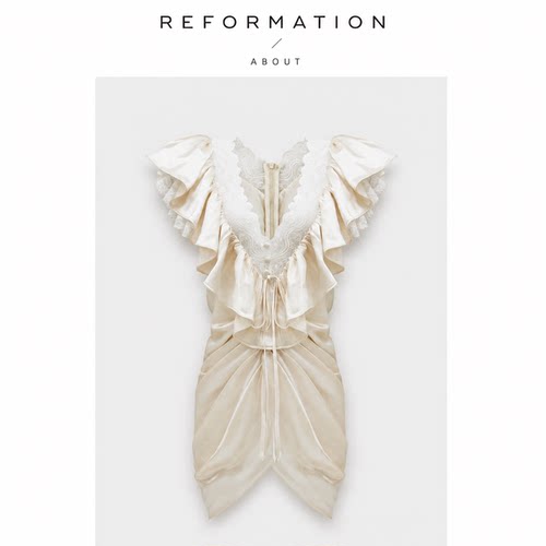 【现货】About Reformation法式清甜黄蕾丝荷叶边v领褶皱连衣裙