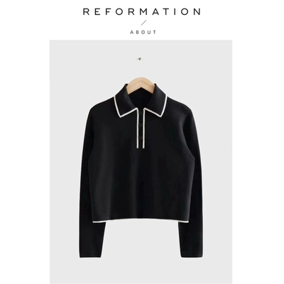 【现货】About Reformation经典翻领针织衫 黑色百搭上衣薄毛衣