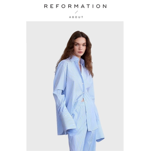 Reformation条纹高密纯棉宽松白色蓝色衬衫 About 上衣女 现货