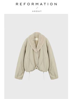 【现货】About Reformation杏色羊羔毛大翻领短外套抽绳保暖棉服