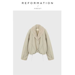 Reformation杏色羊羔毛大翻领短外套抽绳保暖棉服 About 现货