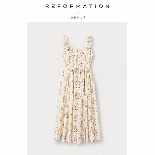 【现货】About Reformation法式碎花无袖花边收腰大摆度假连衣裙