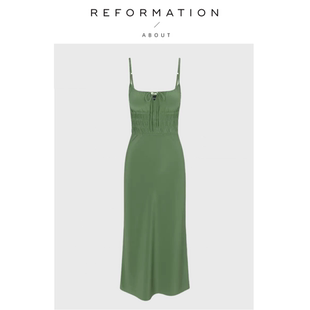 【现货】About Reformation纯色真丝方领修身收腰吊带性感连衣裙