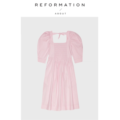 【现货】About Reformation气质温柔粉方领府绸泡泡袖系带连衣裙