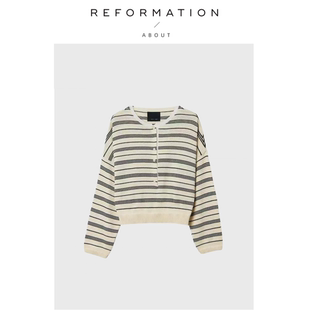 现货 棉质轻薄宽松短款 About 秋季 上衣 Reformation条纹针织衫