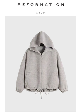 【现货】About Reformation一枝南南灰色连帽拉链卫衣女毛呢外套