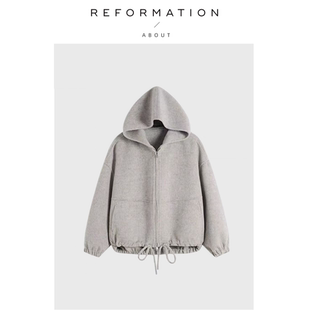 Reformation一枝南南灰色连帽拉链卫衣女毛呢外套 About 现货