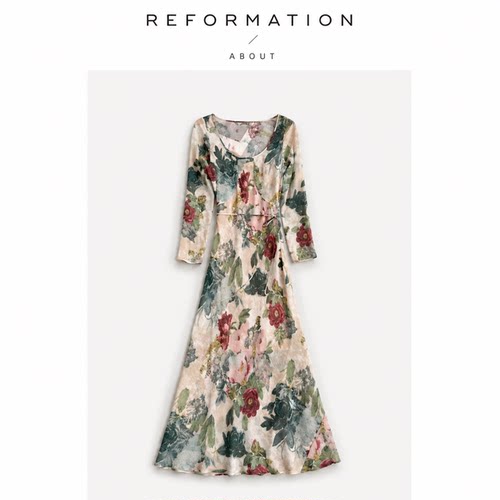 【现货】About Reformation夏法式U领斜裁复古真丝长连衣裙两件套