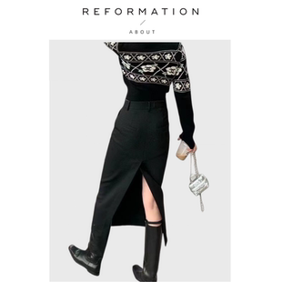 Reformation显瘦高腰精纺羊毛A字裙长款 About 包臀半身裙 现货