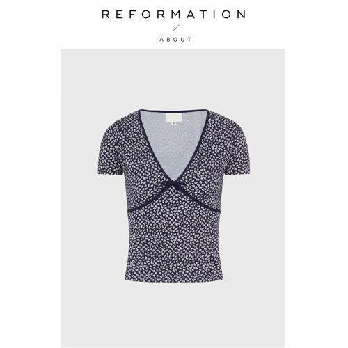 【现货】About Reformation 碎花印花深V领弹力短袖T恤上衣