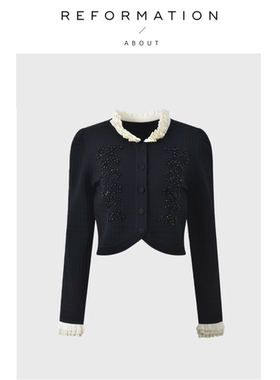 【现货】About Reformation重工钉珠花边领长袖针织开衫上衣外套