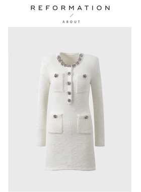 【现货】About Reformation彩色钻饰高级小香风长袖针织连衣裙