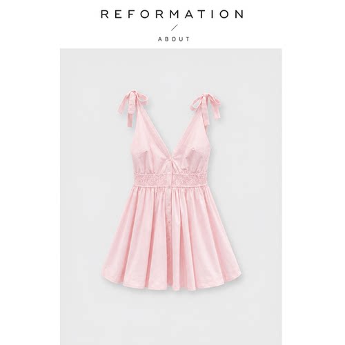 【现货】About Reformation法式粉色连衣裙蝴蝶结收腰无袖背心裙