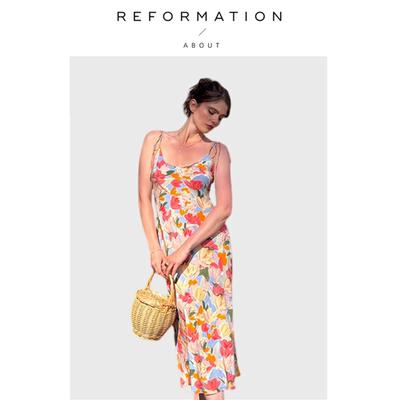 【现货】About Reformation法式真丝印花绑带长裙斜裁连衣裙显瘦