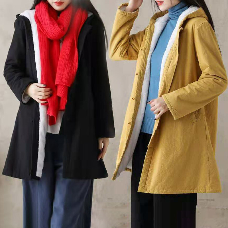 中长款棉服己荷加绒盘扣日常
