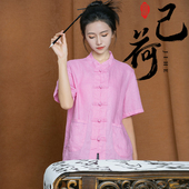复古中式 夏季 盘扣上衣女 练功服100%纯亚麻太极服短袖 己荷原创薄款