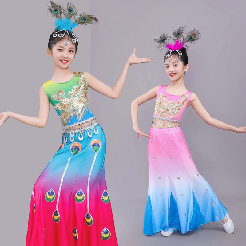 儿童傣族舞蹈演出服装修身渐变鱼尾裙女云南无袖夏民族玫红孔雀舞