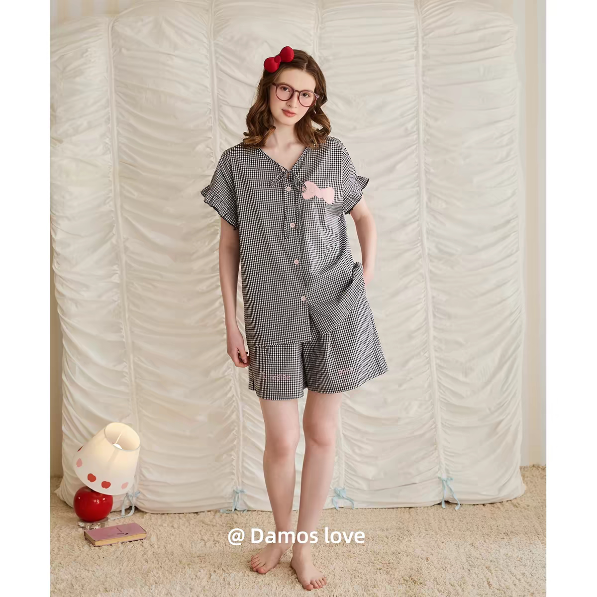 黛梦思黑白格纹睡衣女夏季纯棉短袖少女风家居服可外穿蝴蝶结套装