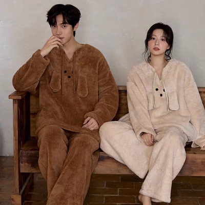 黛梦思珊瑚绒睡衣情侣冬季加厚保暖男女士家居服可爱大码V领套装