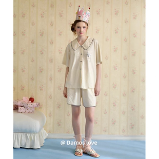 黛梦思睡衣女夏季纯棉撞色边短袖短裤家居服宽松可外穿娃娃领套装