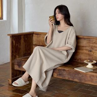 睡衣 黛梦思2025年新款 慵懒风睡裙女夏季 纯棉短袖 家居服休闲中长款