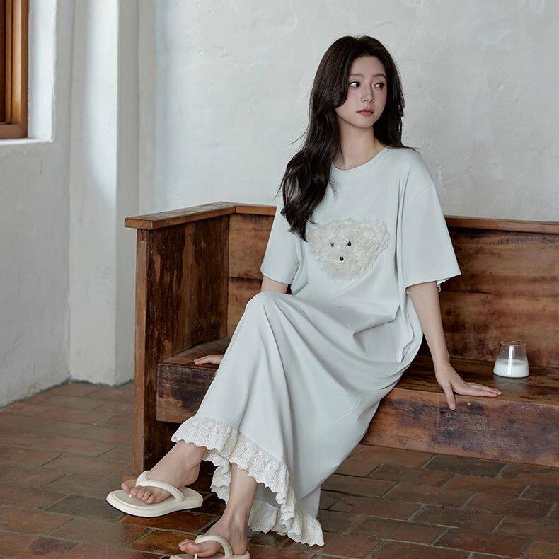 黛梦思2026新款睡裙女夏季薄款凉感棉短袖家居服甜美可爱长款睡衣