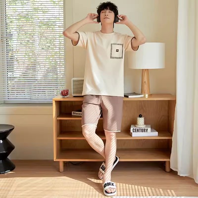黛梦思新款男士睡衣夏季纯棉短袖家居服男夏天薄款大码套装可外穿