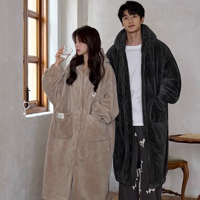 黛梦思珊瑚绒睡袍女冬季加厚保暖男士家居服宽松大码长款睡衣情侣