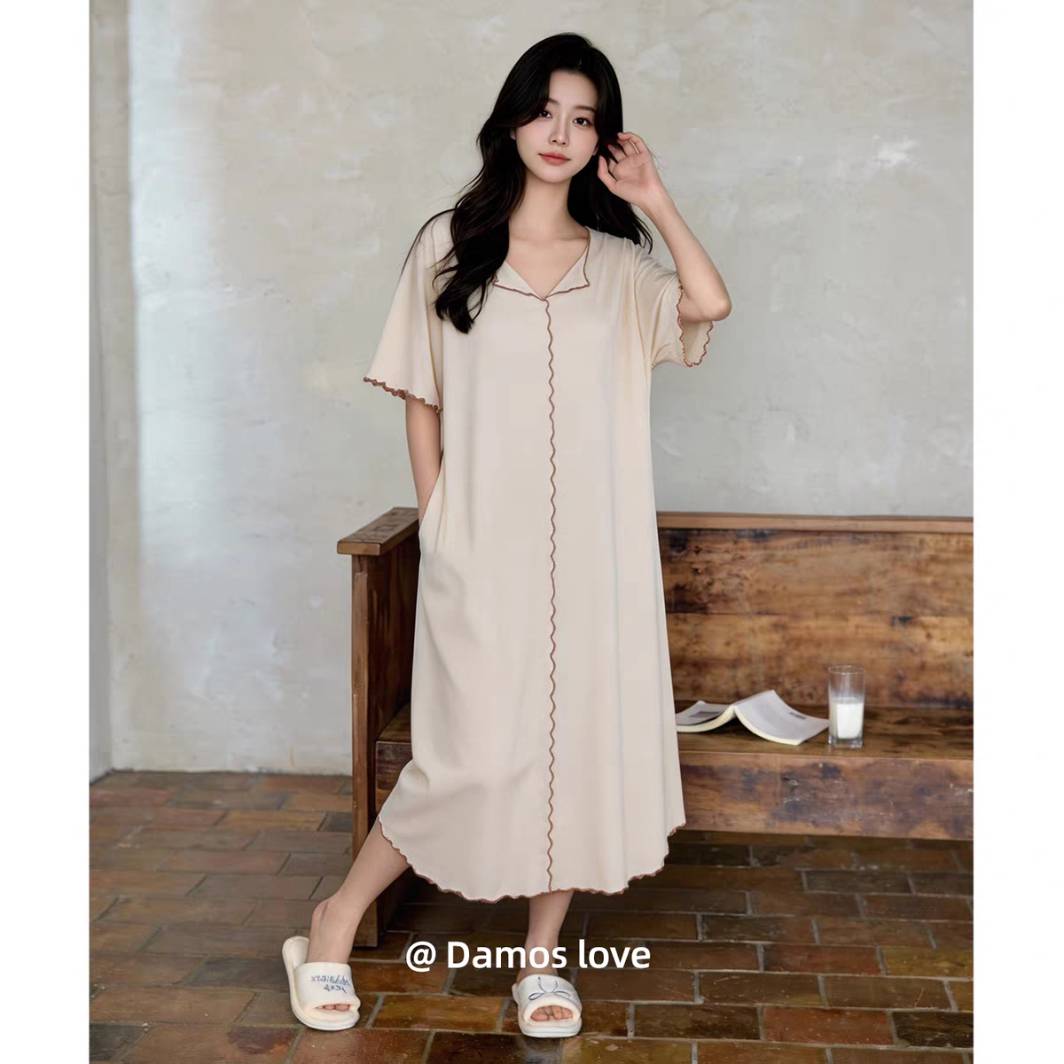黛梦思莱赛尔睡裙女夏季薄款短袖家居服甜美休闲外穿大码睡衣长款