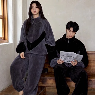 黛梦思珊瑚绒睡衣情侣秋冬季女款加厚加绒家居服男运动可外穿套装