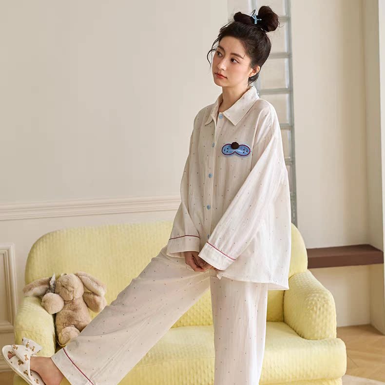 黛梦思新款睡衣女春秋纯棉长袖家居服简约休闲可外穿开衫女士套装