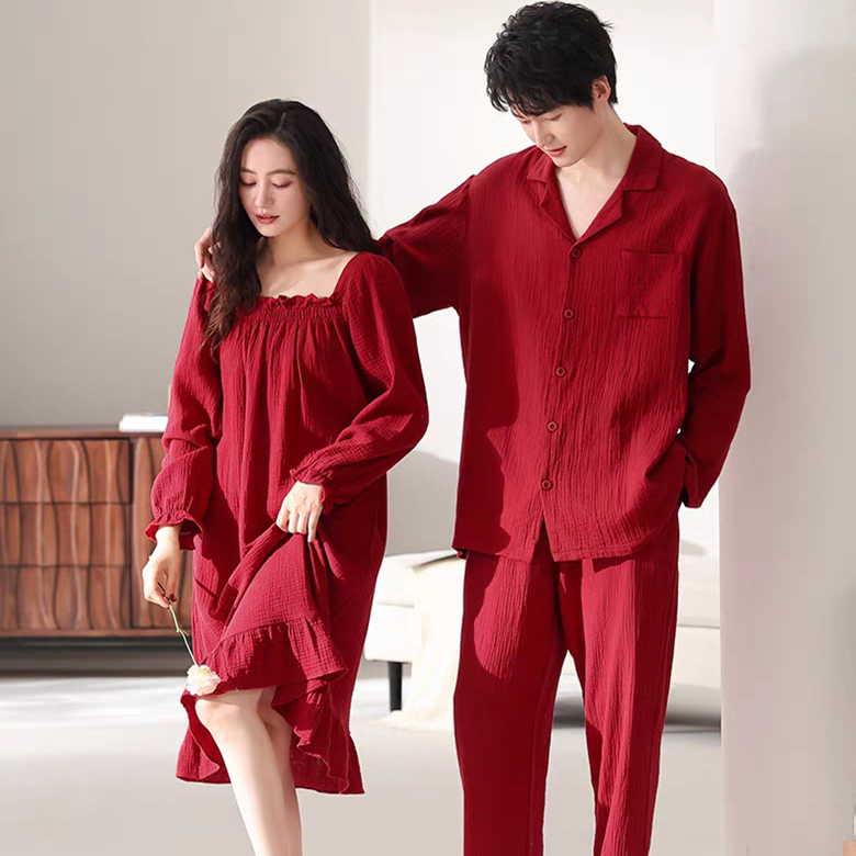 黛梦思红色睡衣情侣春秋纯棉长袖男士家居服新婚结婚本命年睡裙女