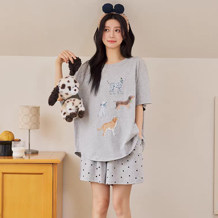 黛梦思新款睡衣女夏季纯棉狗狗印花圆领短袖短裤可外穿家居服套装