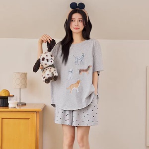 黛梦思新款睡衣女夏季纯棉狗狗印花圆领短袖短裤可外穿家居服套装