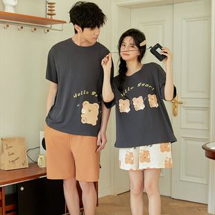 套装 黛梦思可爱睡衣情侣夏季 家居服卡通薄款 纯棉短袖 女可外穿 男士