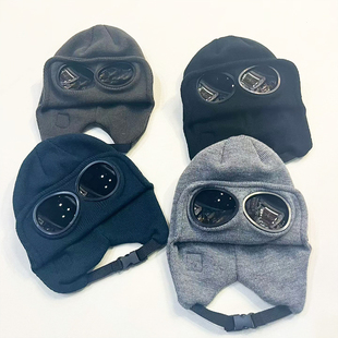 日系儿童线帽秋冬男女童飞行员针织毛线帽宝宝护耳滑雪帽墨镜冷帽