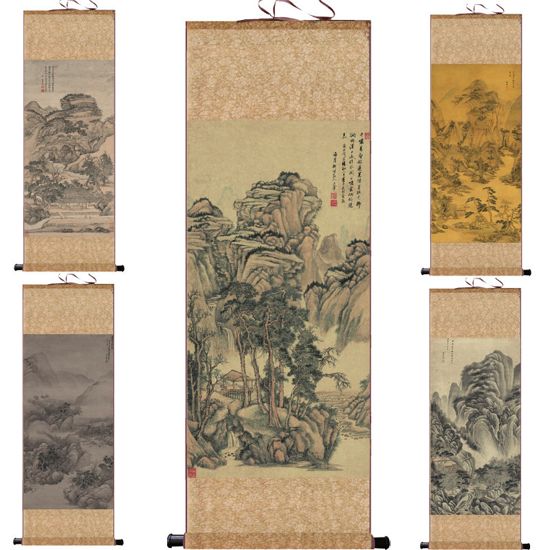 王鉴远山岗峦图仿古画古代名人字画真迹复制品挂轴卷轴国画丝绸画