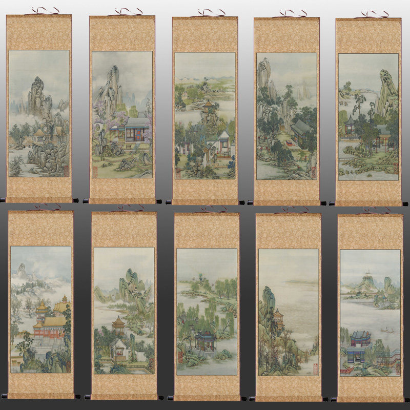 清陈枚山水楼阁仿古茶楼名家字画酒店名家挂画风水丝绸礼品送客户