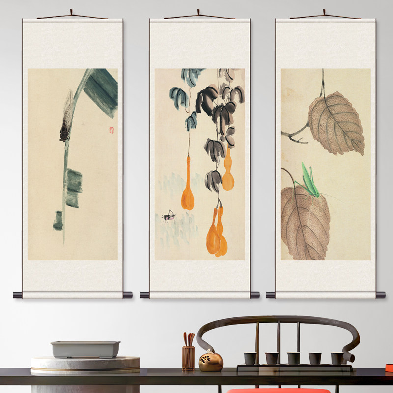 齐白石三联 丝绸画客厅书房酒店挂画名家人物字画满芯装裱装饰画