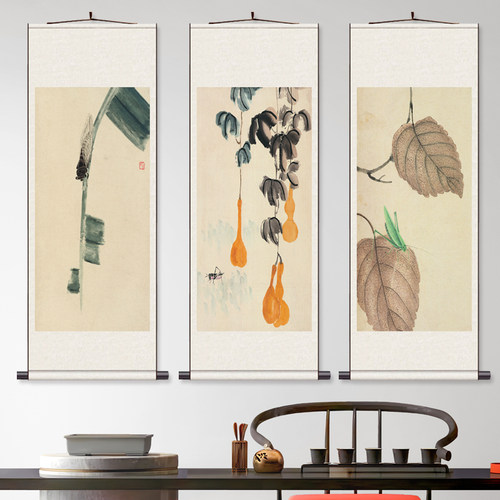 齐白石三联 丝绸画客厅书房酒店挂画名家人物字画满芯装裱装饰画