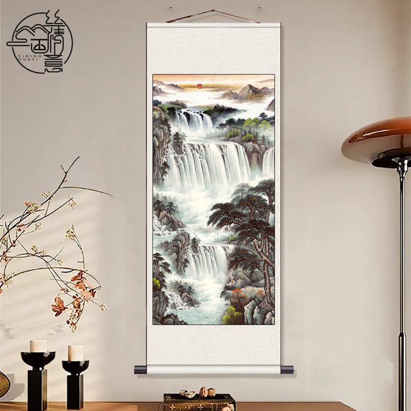 富水长流玄关装饰画竖版走廊过道山水画风水招财进门中堂客厅挂画