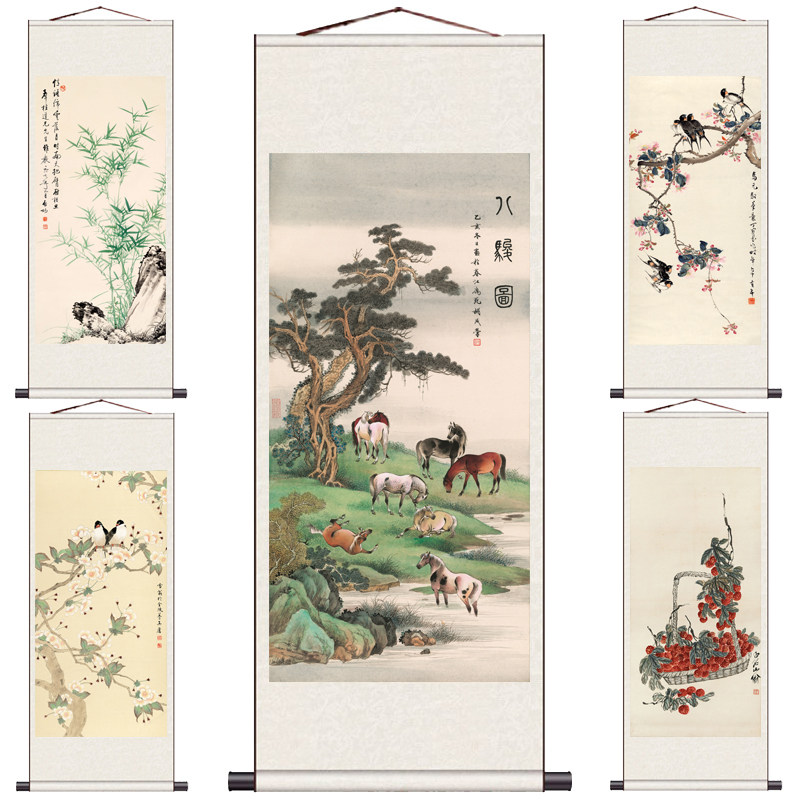 齐白石事事大利启功竹石图古代名家国画花鸟字画酒店装饰丝绸画