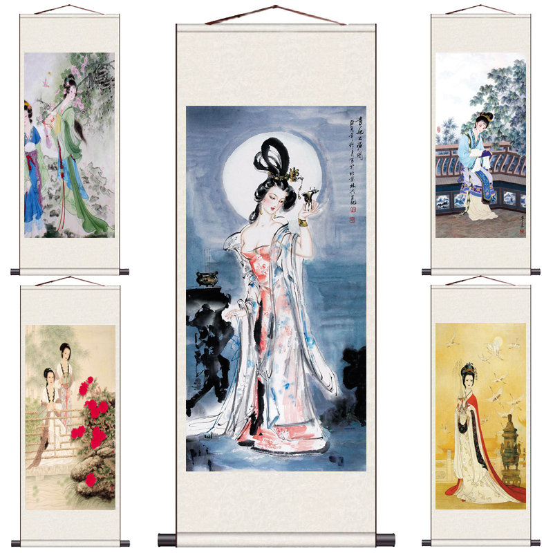 贵妃醉酒四大美女人物挂画中式客厅书房装饰画茶楼丝绸卷轴画壁画