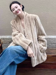 中古轻奢抽刀纹水貂环保母貂皮草V领皮毛一体中长款毛毛外套女冬