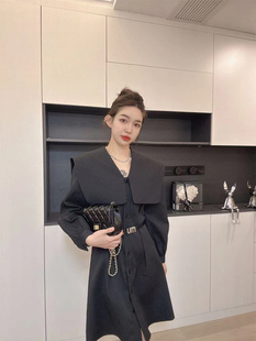 新款 A字裙衬衫 韩版 腰带中长款 海军领长袖 大翻领连衣裙女2025春季