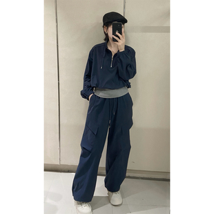 假两件拼接立领上衣松紧腰阔腿裤 工装 新款 女2025秋季 休闲两件套装