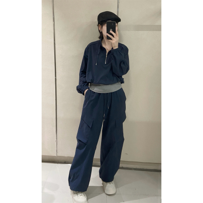 工装休闲两件套装女2026夏季新款假两件拼接立领上衣松紧腰阔腿裤